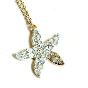 Starfish Necklace Aqua Crystal Pendant 18" Beach Sea Life Island Gold Plated